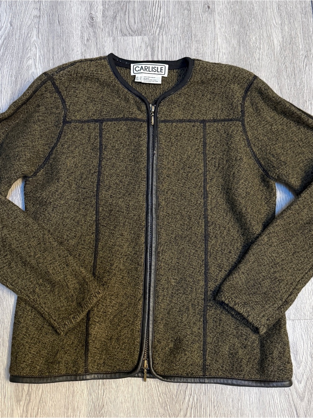Vintage Carlisle 100% Wool Heathered Text Zip Cardigan Jacket Green/Black Size S